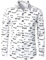 Men's Cotton Alphabet Letter Print Yellow Button Long Sleeve Shirt