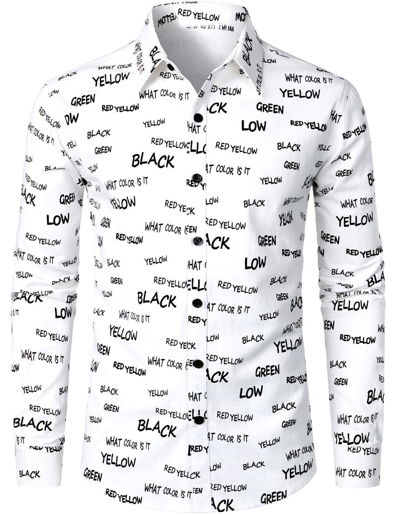 Men's Cotton Alphabet Letter Print Yellow Button Long Sleeve Shirt