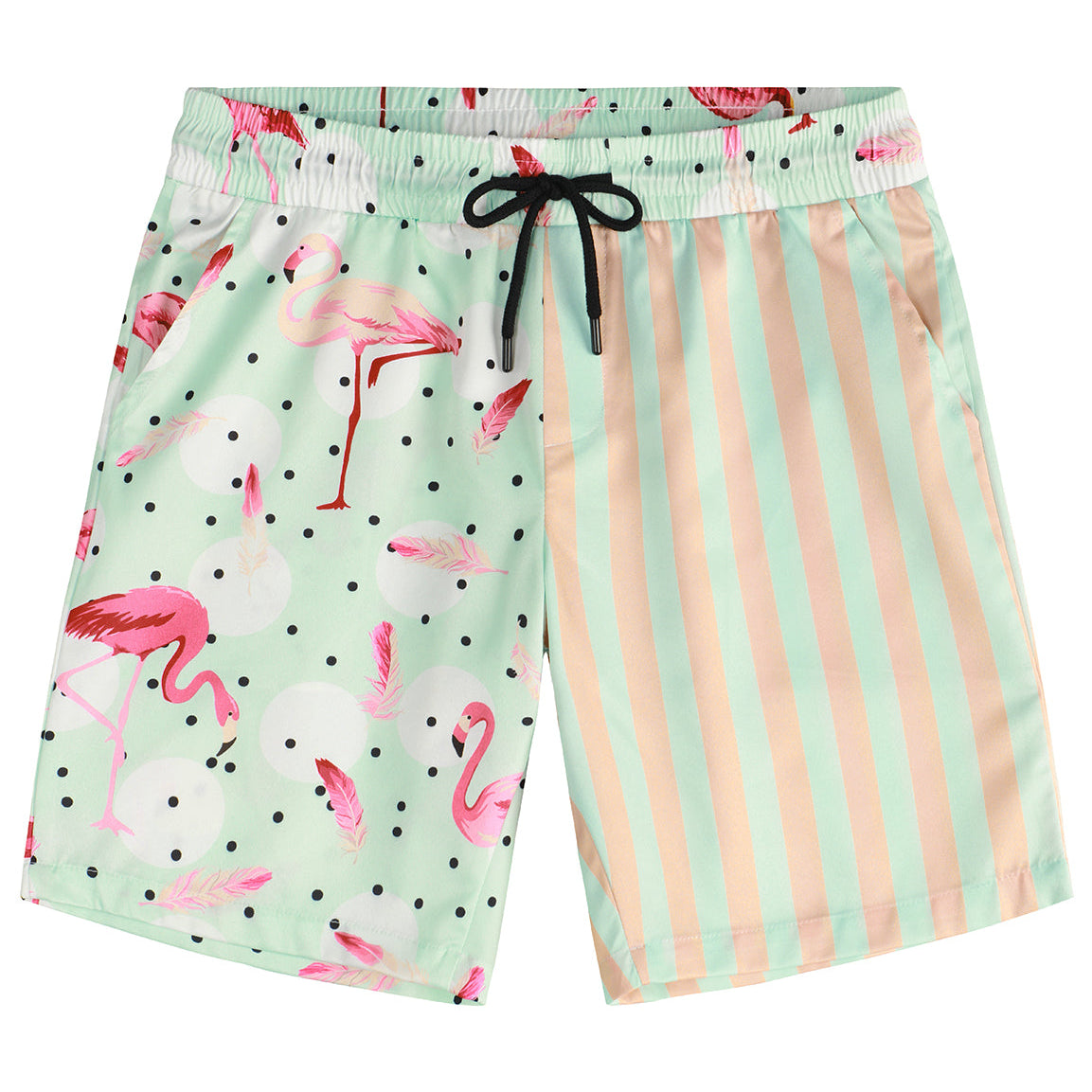 Men's Flamingo and Green Pink Striped Beach Hawaiian Aloha Summer Shorts