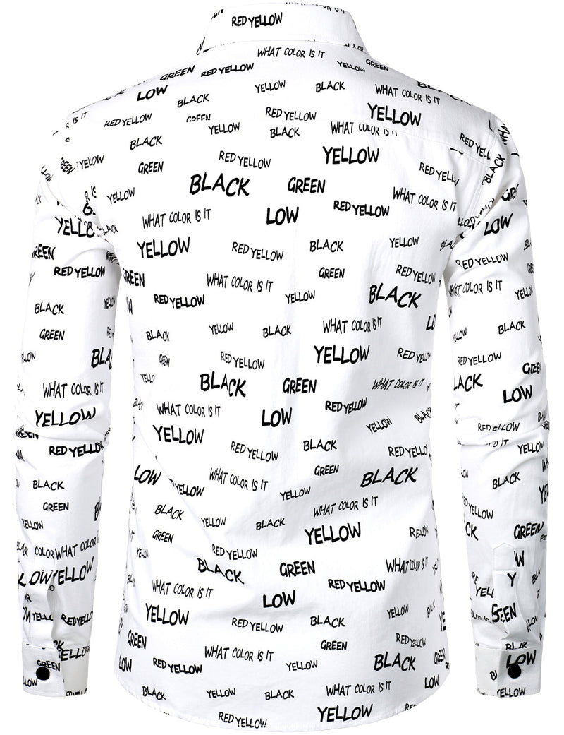 Men's Cotton Alphabet Letter Print Yellow Button Long Sleeve Shirt