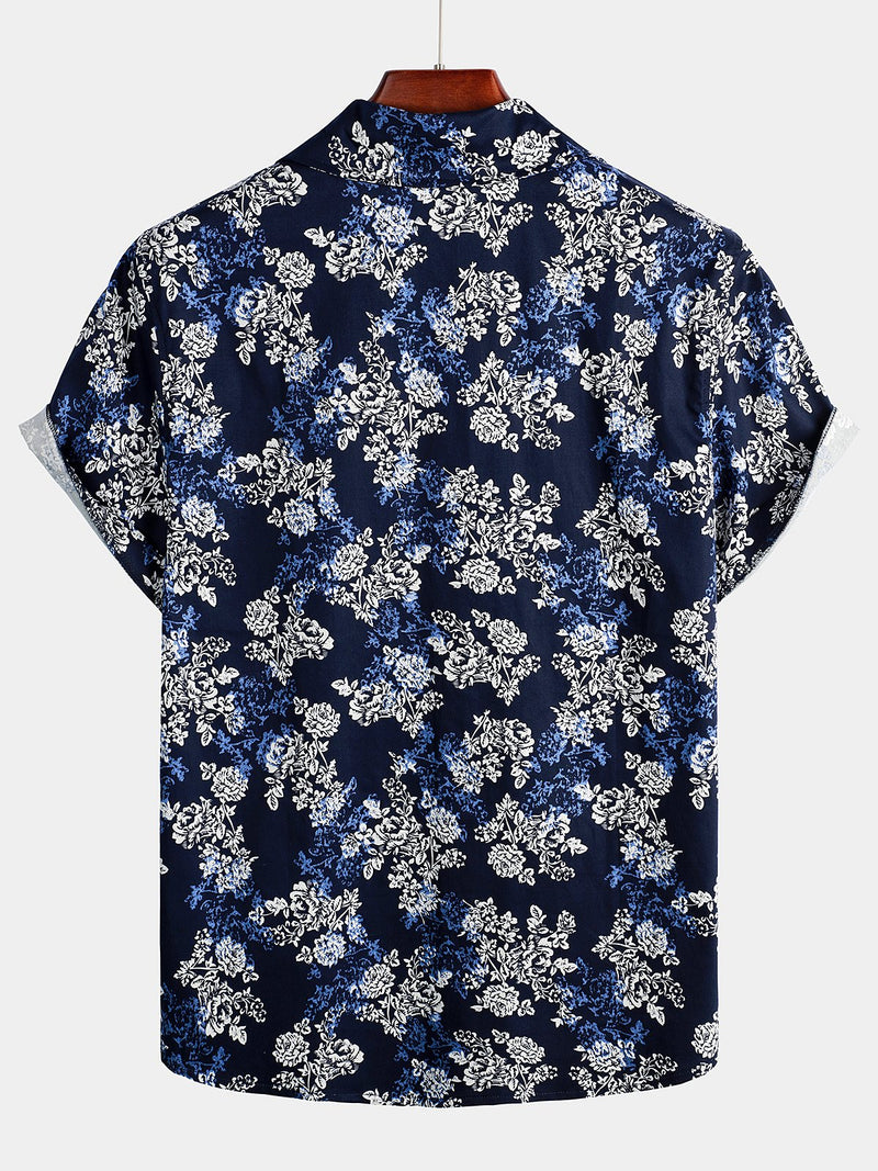 Men's Floral Cotton Tropical Hawaiian Navy Blue Shirt