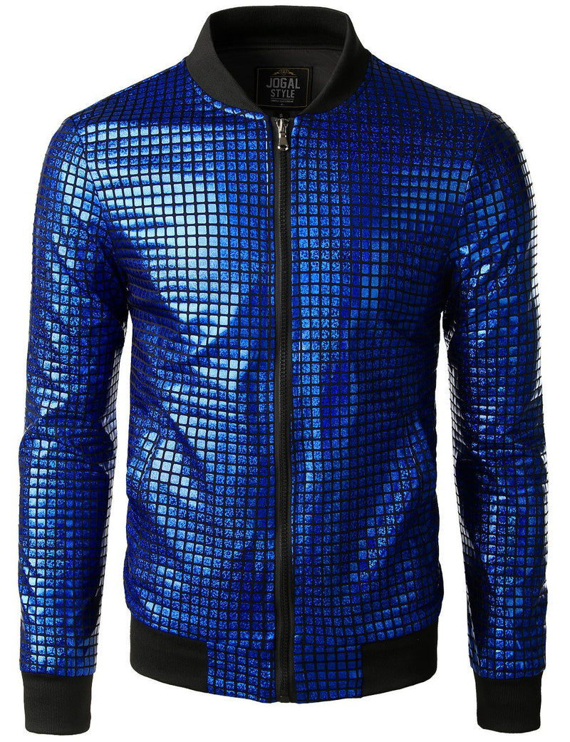 Men's Metallic Sequins Baseball Bomber Jacket Disco Party Costume
