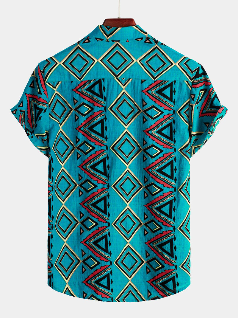 Men's Retro Blue Short Sleeve Cotton Shirt