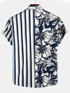 Men's Floral Navy Blue Vertical Striped Pocket Flowers Short Sleeve Shirt