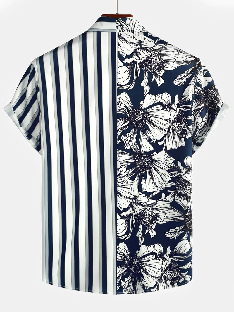 Men's Floral Navy Blue Vertical Striped Pocket Flowers Short Sleeve Shirt