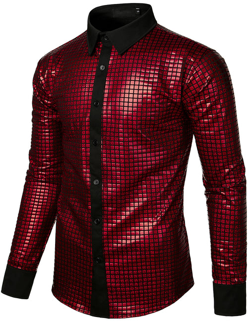 Men's Dress Shirt Sequins Button Down Long Sleeve Shirts Disco Party Costume