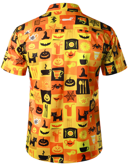 Men's Pumpkin Black Cat Patchwork Art Halloween Short Sleeve Shirt