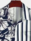 Men's Floral Navy Blue Vertical Striped Pocket Flowers Short Sleeve Shirt