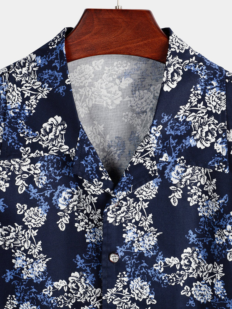 Men's Floral Cotton Tropical Hawaiian Navy Blue Shirt