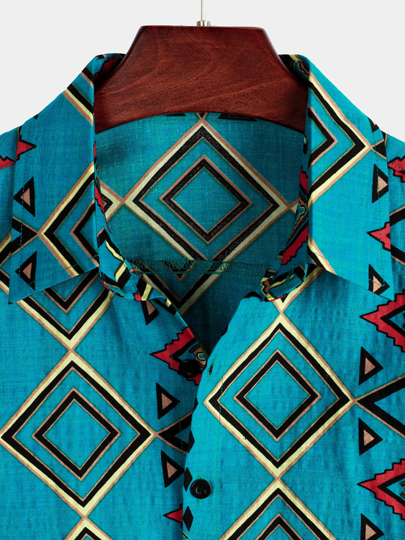 Men's Retro Blue Short Sleeve Cotton Shirt