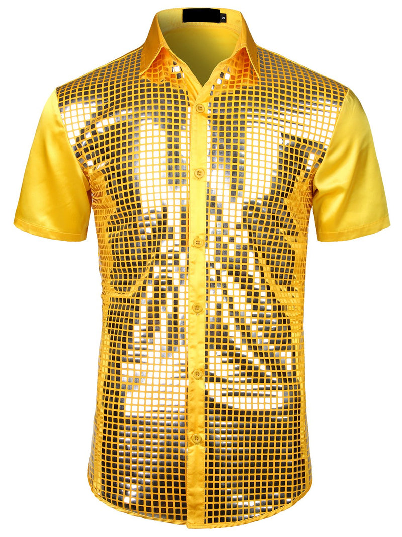 Men's Dress Shirt Sequins Button Down Shirts Disco Party Costume
