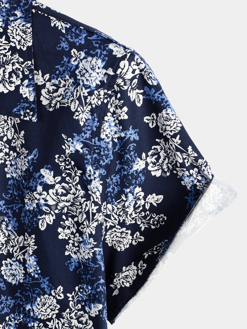 Men's Floral Cotton Tropical Hawaiian Navy Blue Shirt