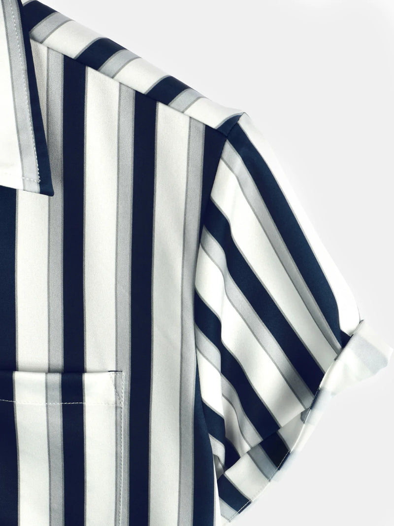 Men's Floral Navy Blue Vertical Striped Pocket Flowers Short Sleeve Shirt