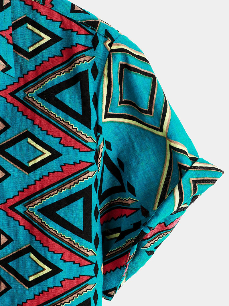 Men's Retro Blue Short Sleeve Cotton Shirt