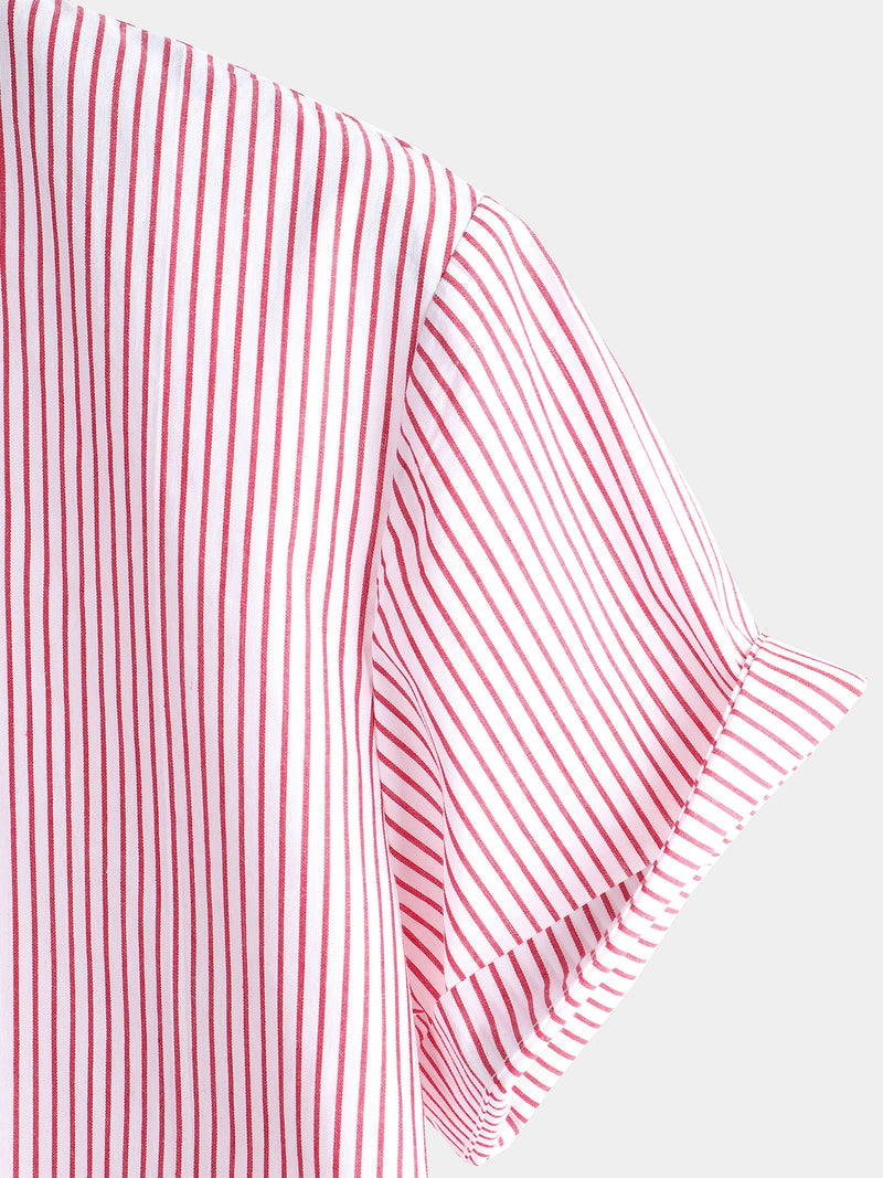 Men's Breathable Cotton Stand Collar Short Sleeve Striped Classic Shirts