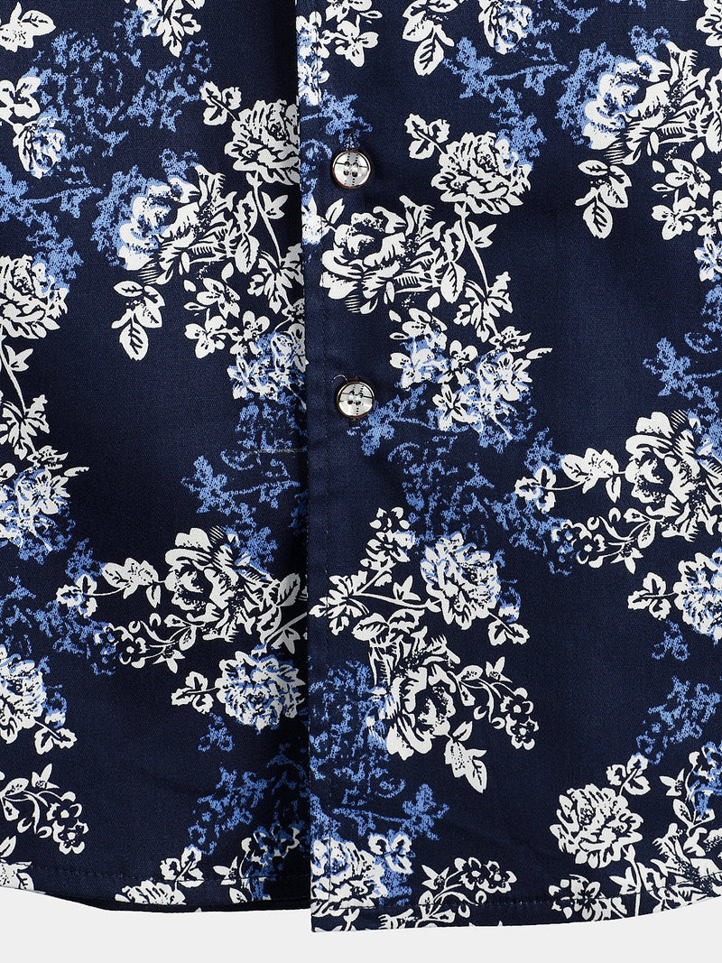 Men's Floral Cotton Tropical Hawaiian Navy Blue Shirt