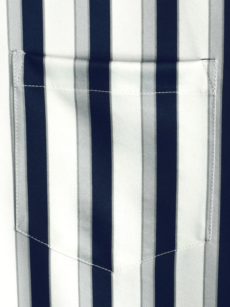 Men's Floral Navy Blue Vertical Striped Pocket Flowers Short Sleeve Shirt