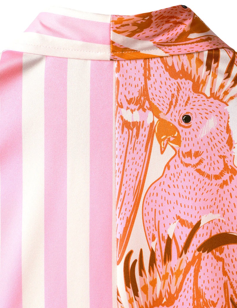 Men's Pink Striped And Parrot Birds Pink Animal Print Top Holiday Short Sleeve Summer Hawaiian Shirt