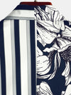 Men's Floral Navy Blue Vertical Striped Pocket Flowers Short Sleeve Shirt