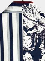 Men's Floral Navy Blue Vertical Striped Pocket Flowers Short Sleeve Shirt