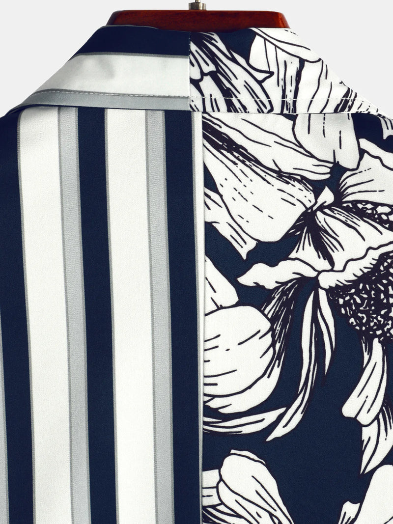 Men's Floral Navy Blue Vertical Striped Pocket Flowers Short Sleeve Shirt
