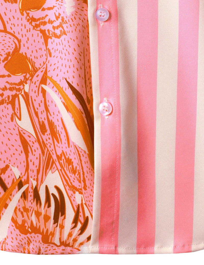 Men's Pink Striped And Parrot Birds Pink Animal Print Top Holiday Short Sleeve Summer Hawaiian Shirt