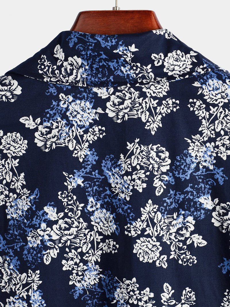 Men's Floral Cotton Tropical Hawaiian Navy Blue Shirt