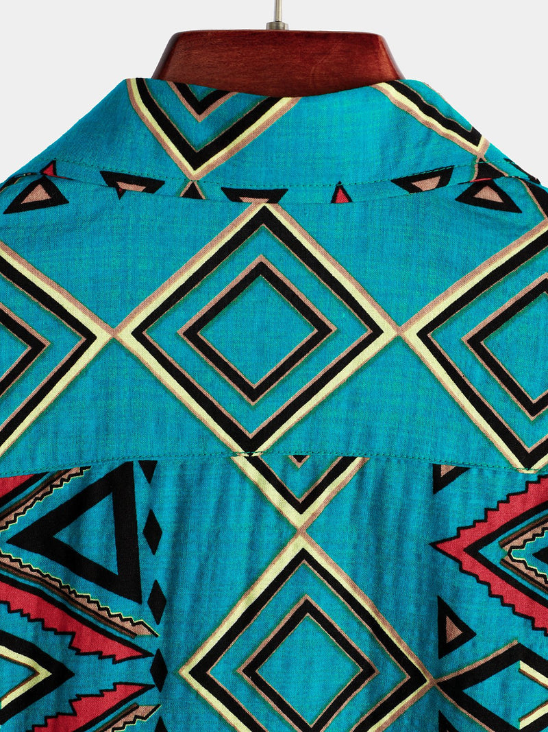 Men's Retro Blue Short Sleeve Cotton Shirt