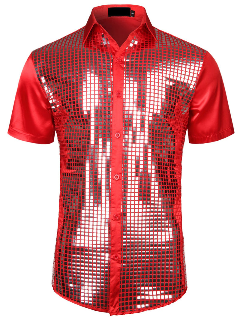 Men's Dress Shirt Sequins Button Down Shirts Disco Party Costume