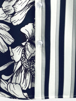 Men's Floral Navy Blue Vertical Striped Pocket Flowers Short Sleeve Shirt