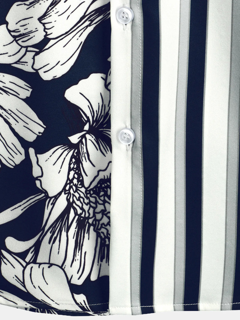 Men's Floral Navy Blue Vertical Striped Pocket Flowers Short Sleeve Shirt