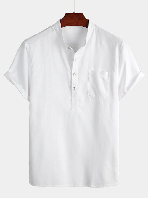 Bundle Of 3 | Men's Solid Color  Half Button Pocket Front Stand Collar Short Sleeve Shirts