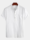 Men's Solid Color Stand Collar Half Button Pocket Front Shirt