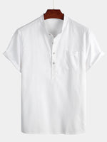 Men's Solid Color Stand Collar Half Button Pocket Front Shirt