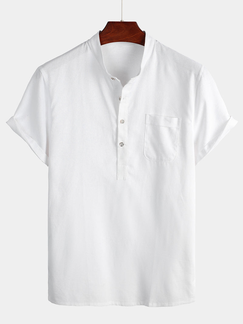 Men's Solid Color Stand Collar Half Button Pocket Front Shirt