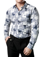 Men's Casual Paisley Check Print Checkered Patchwork White Long Sleeve Shirt