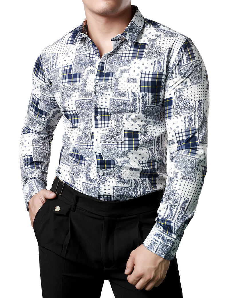 Men's Casual Paisley Check Print Checkered Patchwork White Long Sleeve Shirt