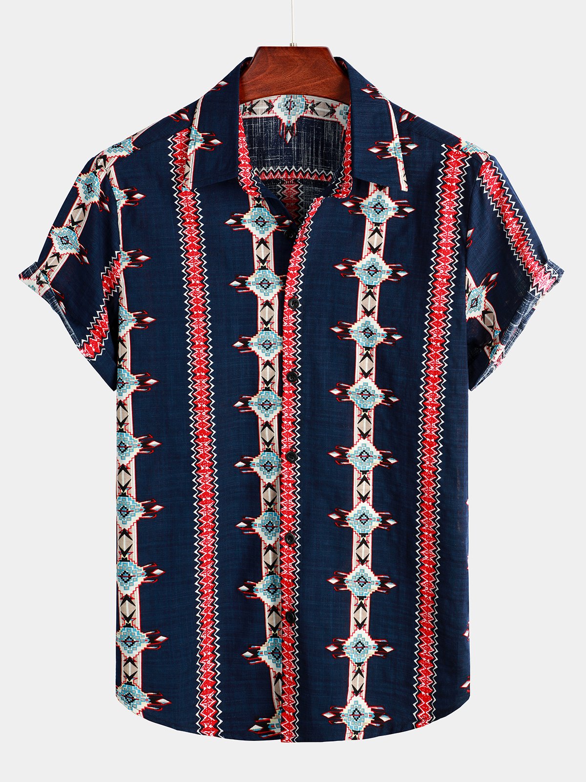 Men's Navy Blue Retro Short Sleeve Cotton Shirt