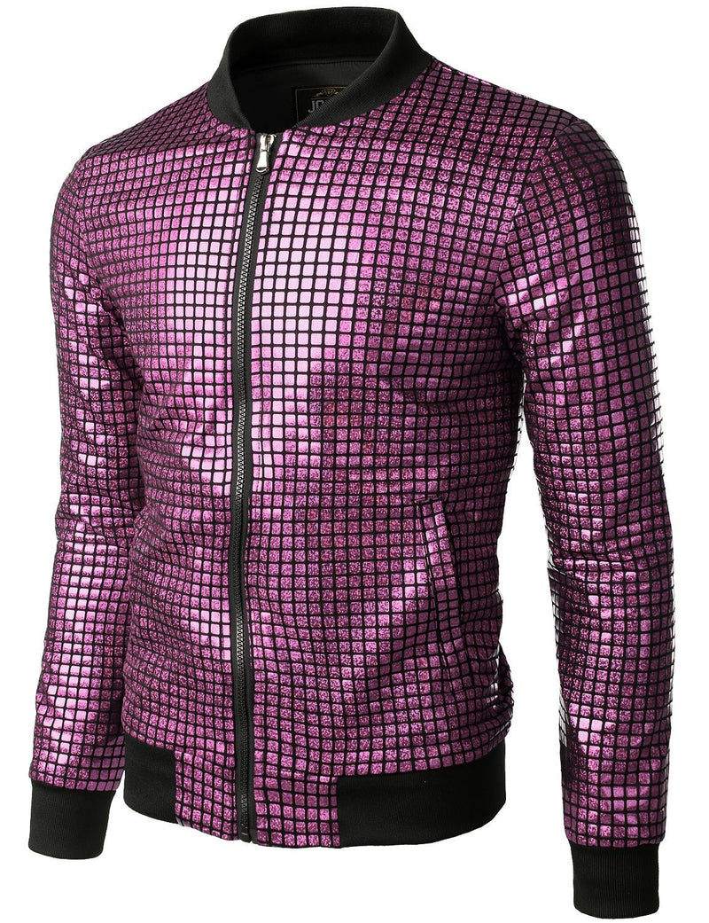 Men's Metallic Sequins Baseball Bomber Jacket Disco Party Costume