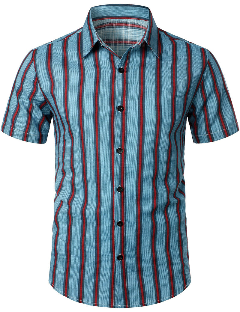 Men's Blue Stripe Casual Button Up Hawaiian Shirts & Shorts Set