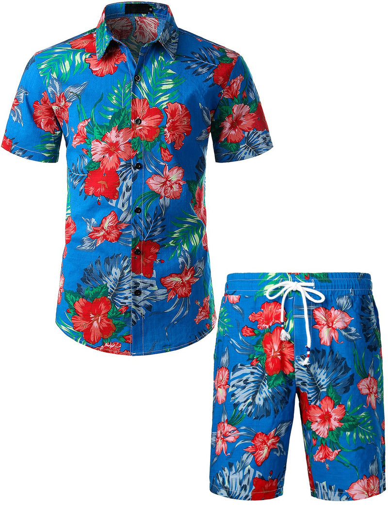 Men's Flower Casual Button Down Hawaiian Shirts&Shorts