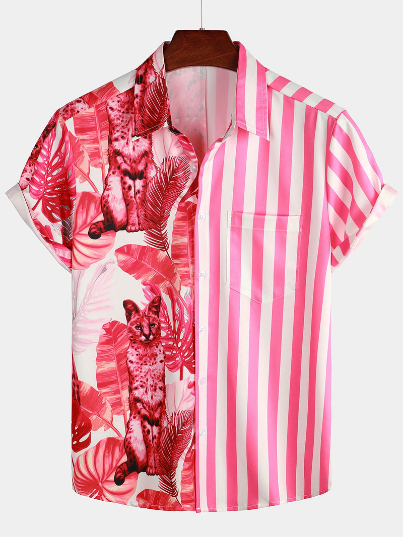 Men's Pink Short Sleeve Striped Pocket Hawaiian Shirt