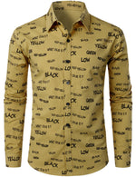 Men's Cotton Alphabet Letter Print Yellow Button Long Sleeve Shirt