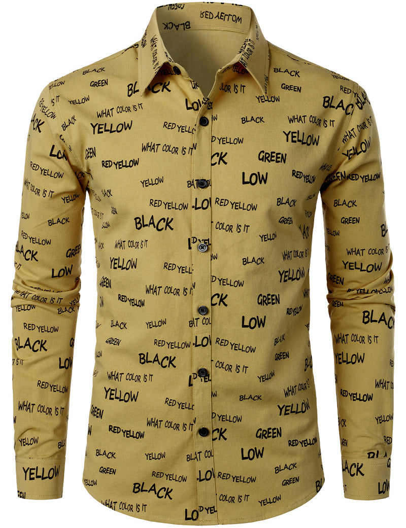 Men's Cotton Alphabet Letter Print Yellow Button Long Sleeve Shirt