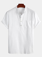 Men's Solid Color Stand Collar Half Button Pocket Front Shirt