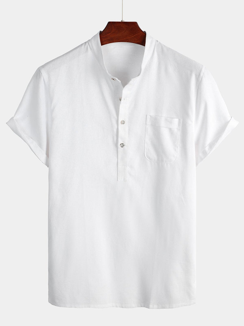 Men's Solid Color Stand Collar Half Button Pocket Front Shirt