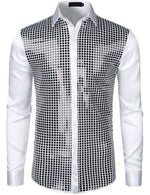 Mens Dress Shirt Silver Sequins Long Sleeve Button Down Disco Shirt Party Costume