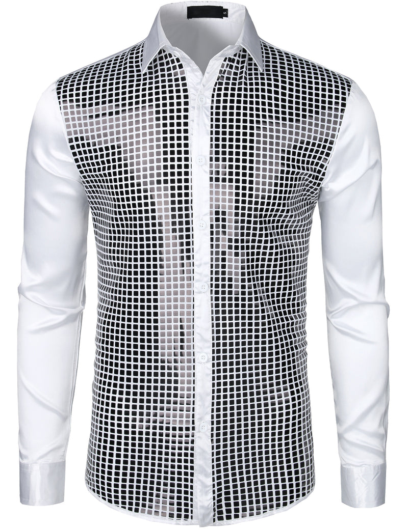 Mens Dress Shirt Silver Sequins Long Sleeve Button Down Disco Shirt Party Costume
