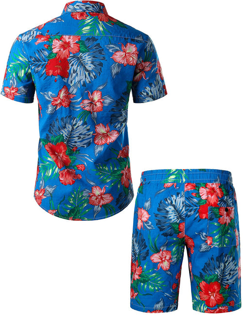Men's Flower Casual Button Down Hawaiian Shirts&Shorts