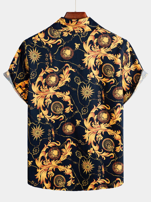 Men's Navy Blue Retro Cotton Short Sleeve Shirt